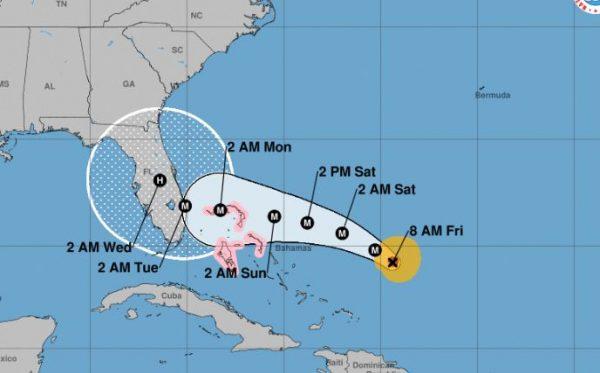 The cone of probability shows that Dorian will first hit the Bahamas before hitting somewhere in South Florida by the early morning of Tuesday, Sept. 3. (NHC)