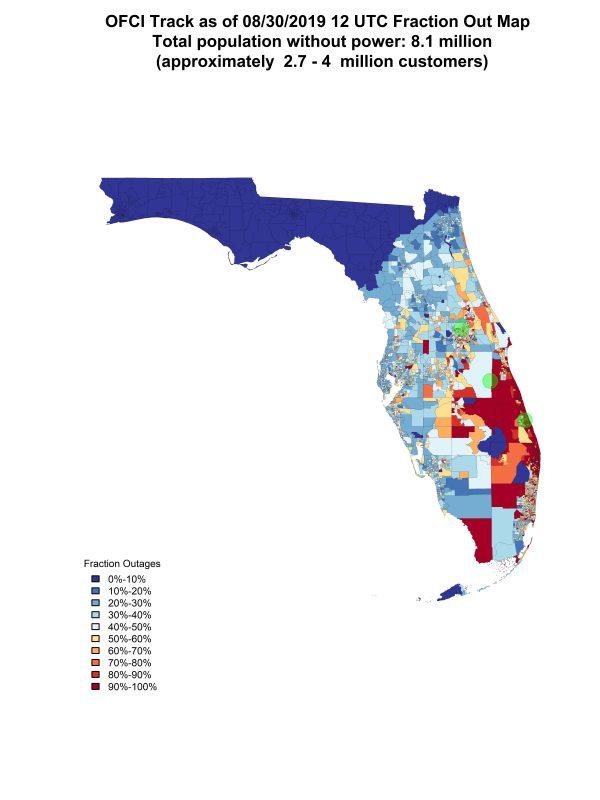 A model from the University of Michigan shows how many customers could lose power in Florida during Hurricane Dorian (University of Michigan)