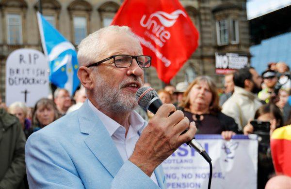 Britain's opposition Labour Party leader Jeremy Corbyn speaks during an anti-Brexit demonstration at George Square in Glasgow, Scotland, Britain, on Aug. 31, 2019. (Russell Cheyne/Reuters)