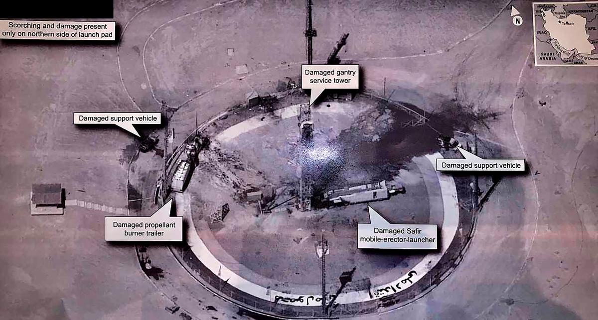 An undated photo of the aftermath of an explosion at Iran's Imam Khomeini Space Center in the country's Semnan province. The explosion on Aug. 29, 2019, left the smoldering remains of a rocket on a launch pad at the center, which was to conduct a U.S.-criticized satellite launch. (Donald J. Trump Twitter account via AP)