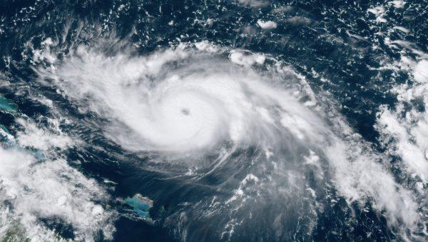 This GOES-16 satellite image shows Hurricane Dorian moving over open waters in the Atlantic Ocean on Aug. 30, 2019, at 17:30 UTC. (NOAA via AP)