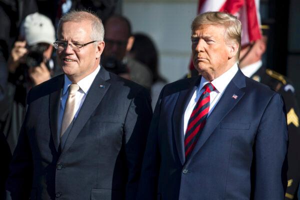 Australian Prime Minister Scott Morrison and U.S. President Donald Trump attend an official visit ceremony at the South Lawn at the White House in Washington on Sept. 20, 2019. (Zach Gibson/Getty Images)