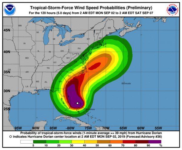 The probability of tropical storm-force winds issued at 5 a.m. EDT on Sept. 2, 2019. (NHC)