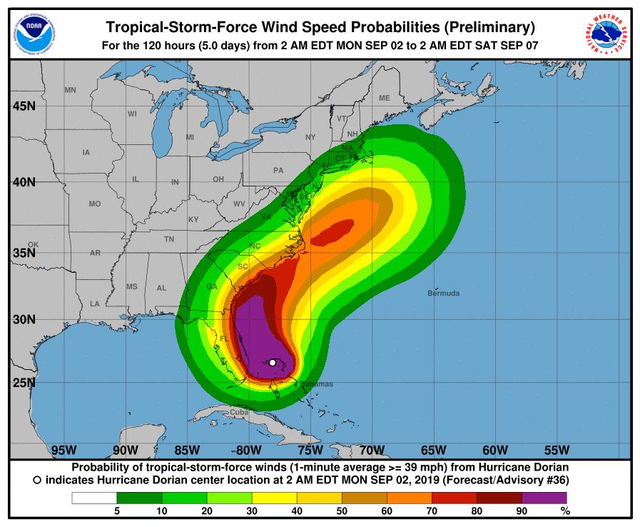 The probability of tropical-storm-force winds issued at 5 a.m. EDT, Sept. 2 (NHC)