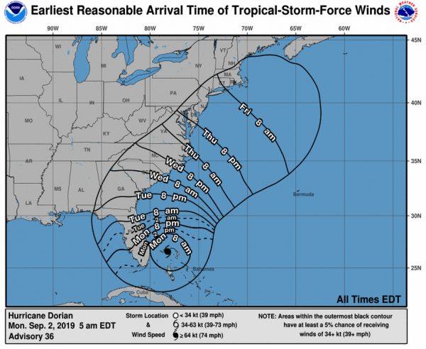 The arrival times of tropical-storm-force winds issued at 5 a.m. EDT, Aug. 2 (NHC)