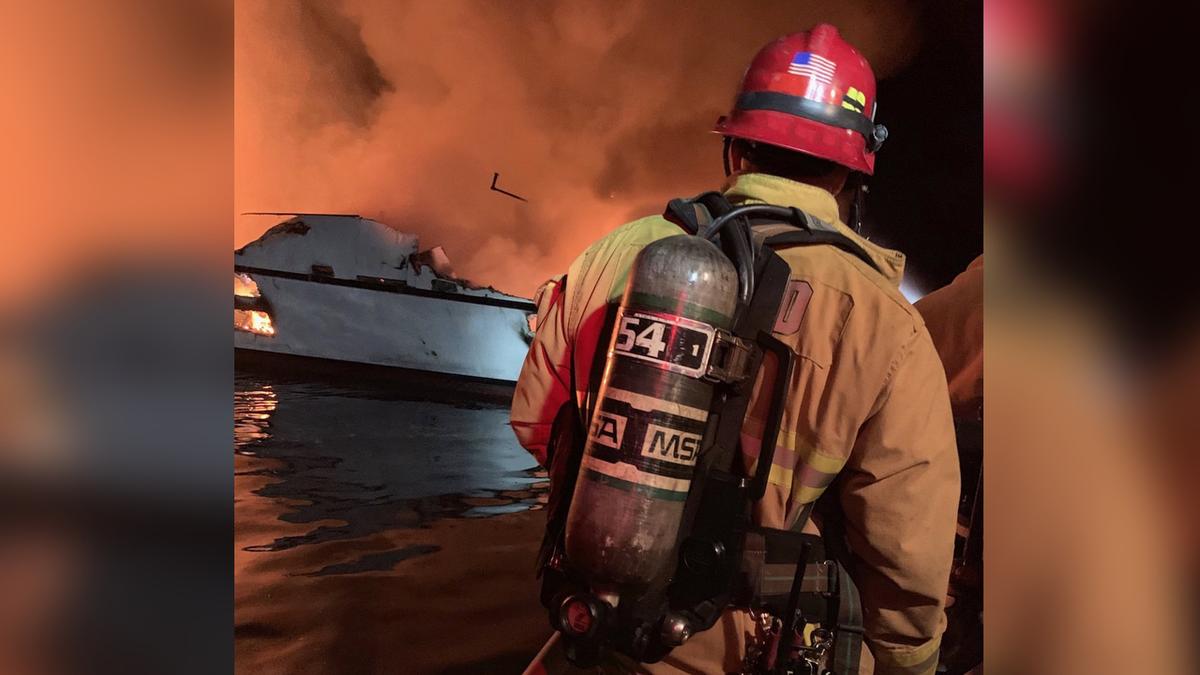 Ventura County Fire Department firefighters respond to a boat fire off the coast of southern California on Sept. 2, 2019. (Ventura County Fire Department via AP)