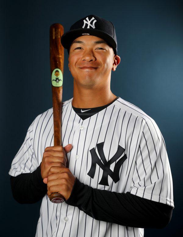 Chace Numata, then a player for the New York Yankees, poses at George M. Steinbrenner Field in Tampa, Florida, on Feb. 21, 2018. (Elsa/Getty Images)