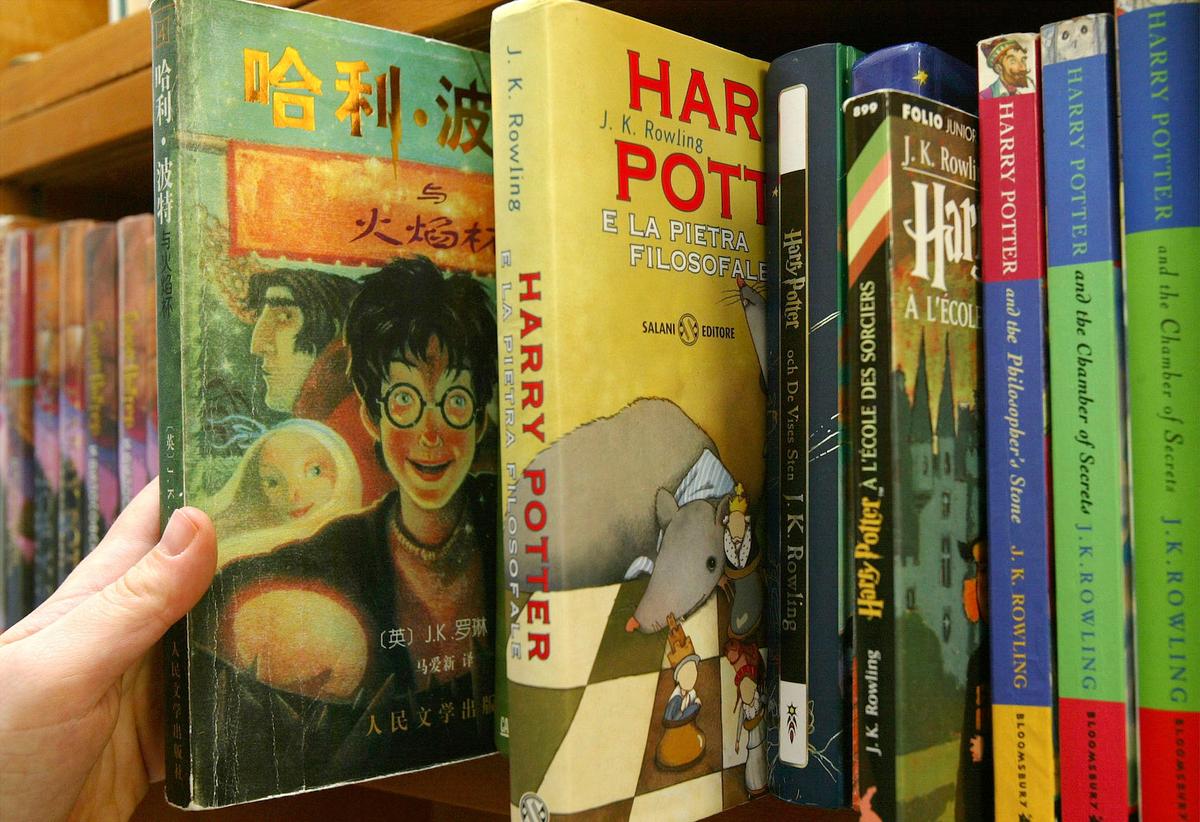 A personal collection of Harry Potter book translations in an office in Tel Aviv on June 23, 2003. (David Silverman/Getty Images)