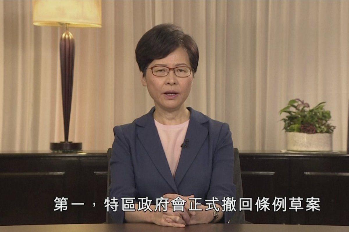Hong Kong Chief Executive Carrie Lam speaks in the television message, in Hong Kong on Sept. 4, 2019. (Hong Kong Government Information Services via AP)