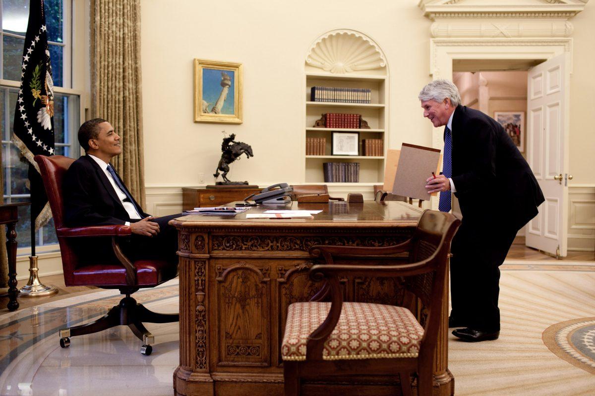 In this handout image provided by The White House, President Barack Obama (L) speaks with White House Counsel Gregory Craig in the Oval Office in Washington on June 11, 2009. (Photo by Pete Souza/The White House via Getty Images)