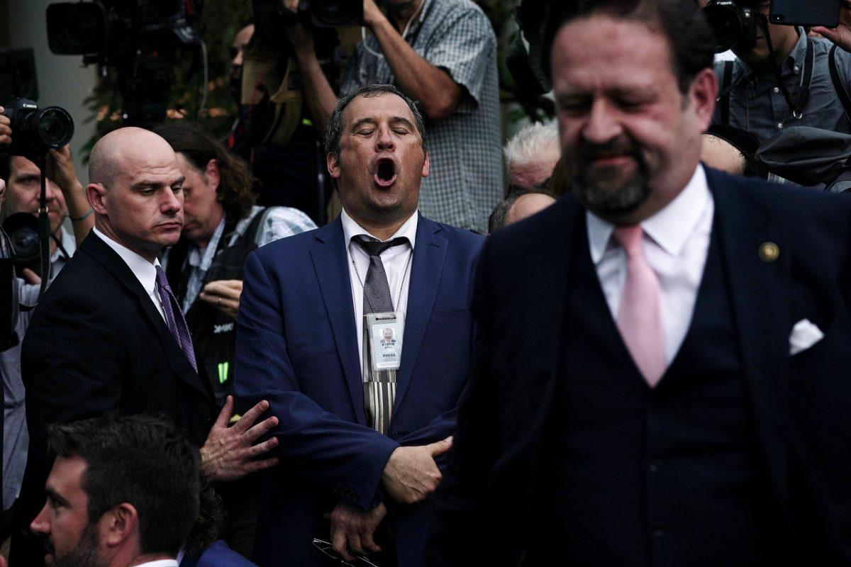 Brian Karem, a Playboy reporter, shouts at former aide to President Donald Trump, Sebastian Gorka, in the Rose Garden at the White House on July 11, 2019. (Alex Wong/Getty Images)