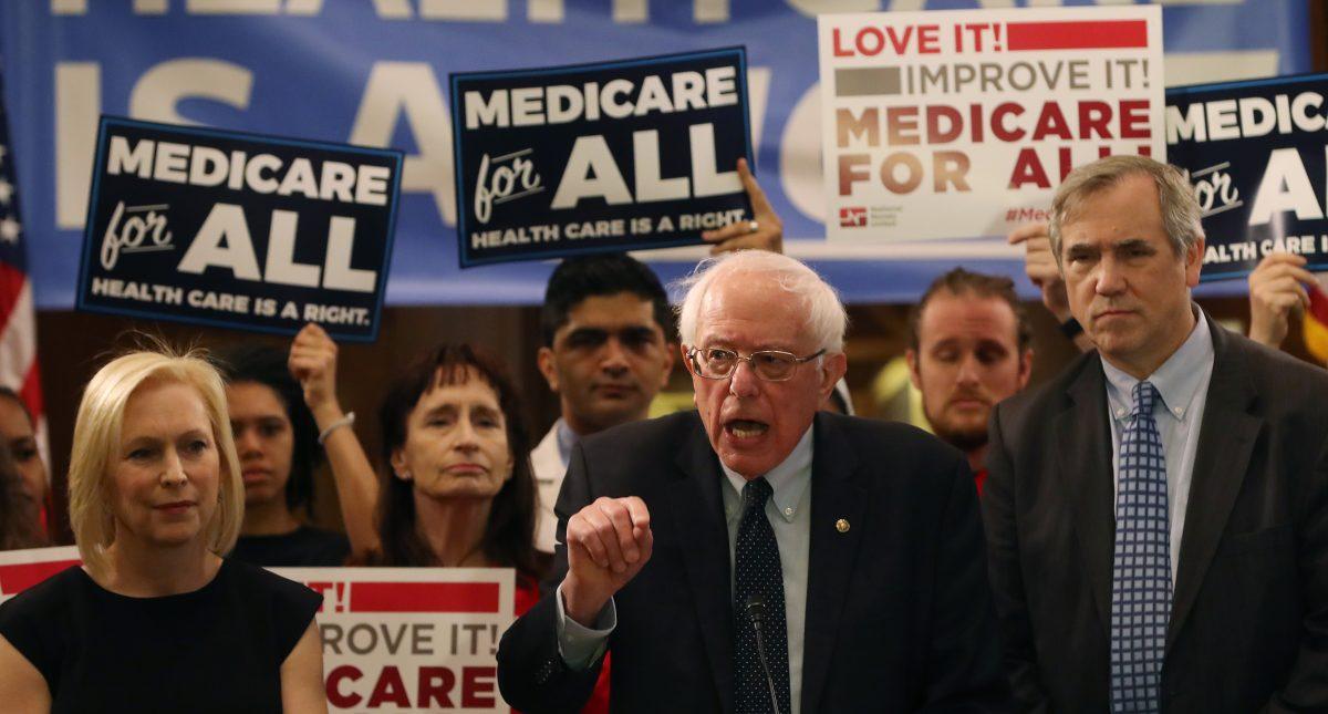 Sen. Bernie Sanders (I-Vt.) speaks while introducing health care legislation titled the "Medicare for All Act of 2019" with Sen. Kirsten Gillibrand (D-N.Y.) and Sen. Jeff Merkley (D-Ore.), during a news conference on Capitol Hill in Washington on April 9, 2019. (Mark Wilson/Getty Images)