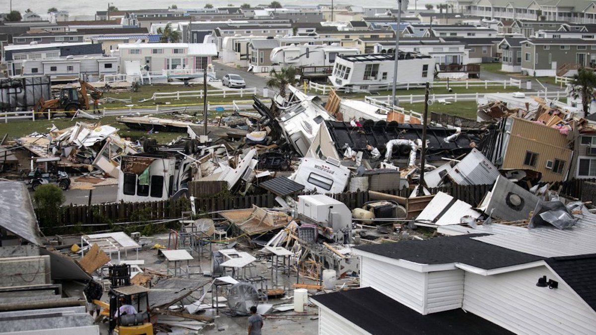 Mobile homes are upended and debris is strewn about at the Holiday Trav-l Park, in Emerald Isle, N.C, after a possible tornado generated by Hurricane Dorian struck the area on Sept. 5, 2019. (Julia Wall/The News & Observer via AP)
