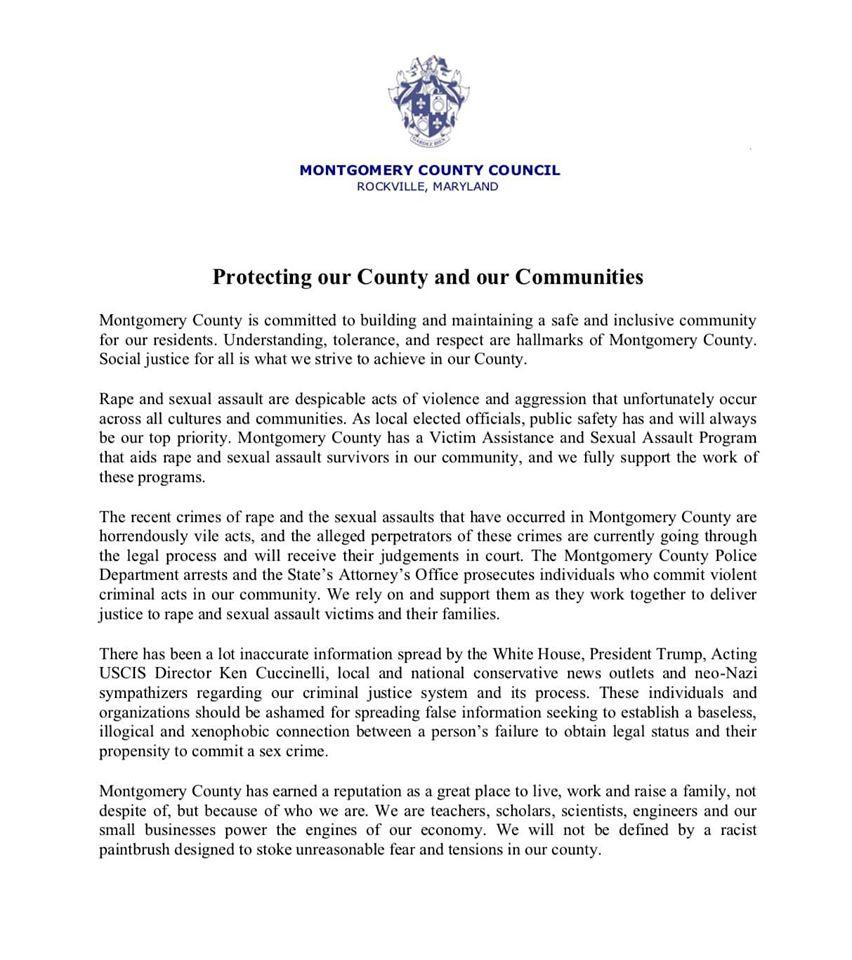 A statement released late Sept. 6, 2019, by the Montgomery County Council. (Montgomery County)