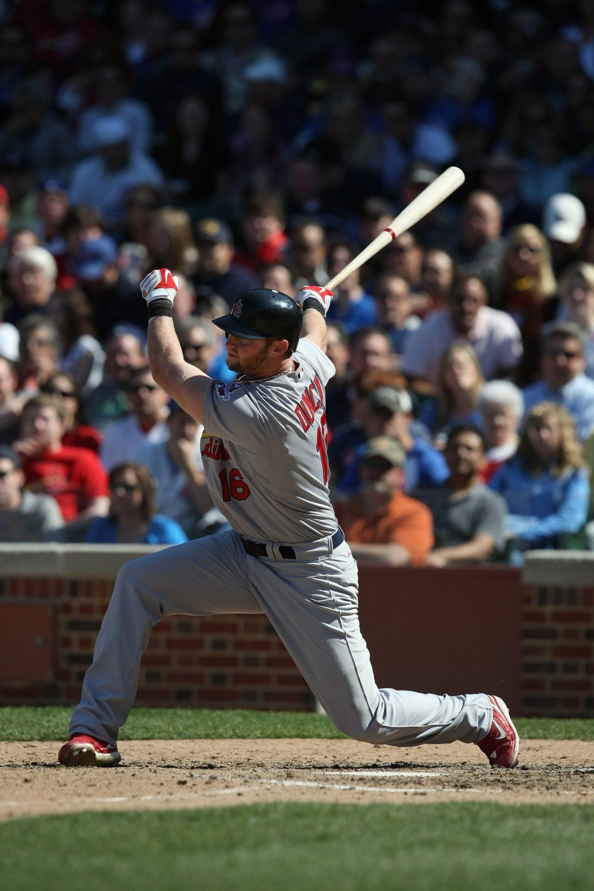 Chris Duncan #16 of the St. Louis Cardinals bats against the Chicago Cubs at Wrigley Field in Chicago, Illinois, on April 17, 2009. (Jonathan Daniel/Getty Images)