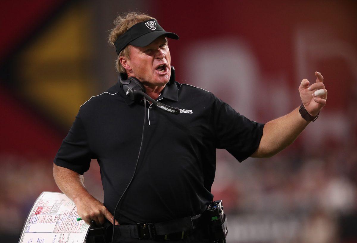 Head coach Jon Gruden of the Oakland Raiders reacts during the first half of the NFL preseason game in Glendale, Ariz., on Aug. 15, 2019. (Christian Petersen/Getty Images)