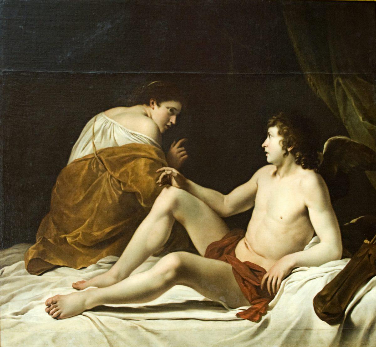 Psyche startles Cupid from his slumber. “Cupid and Psyche,” late 1610s, by Orazio Gentileschi. State Museum Fund. 1937. Hermitage Museum, St. Petersburg. (CC BY-SA 3.0)
