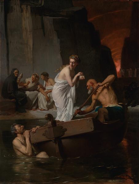 “Psyche in Hell,” 1865, by Eugène Ernest Hillemacher. To perform one of her impossible feats for Venus, Psyche must venture into Hell. Here Charon rows Psyche past a dead man in the water and the old weavers on shore. (Public Domain)