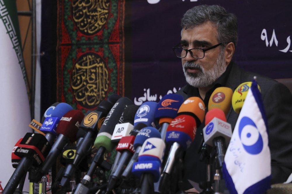 In this photo released by the Atomic Energy Organization of Iran, spokesman of the organization, Behrouz Kamalvandi, speaks in a news briefing in Tehran, Iran, on Sept. 7, 2019. Iran has begun injecting uranium gas into advanced centrifuges in violation of its 2015 nuclear deal with world powers, Kamalvandi said. (Atomic Energy Organization of Iran via AP)