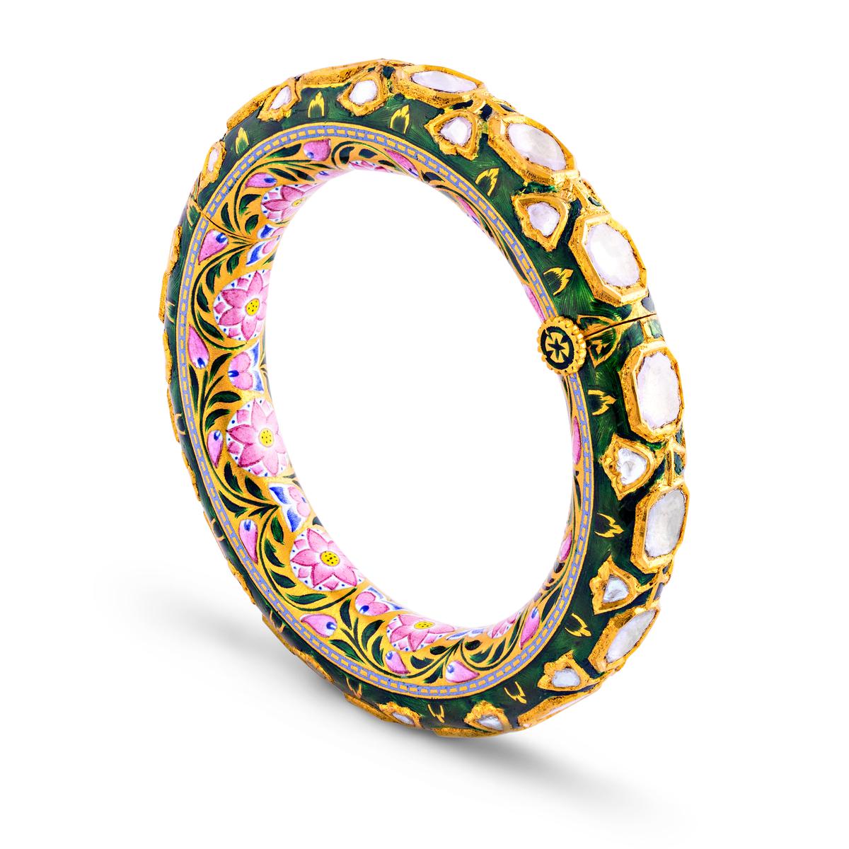 Floral enameled bracelet glazed on 22-karat gold set with diamonds. (Courtesy of Sanjay Kasliwal)