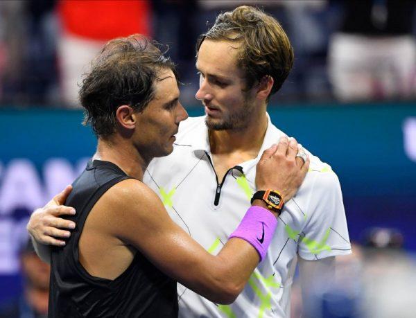 Rafael Nadal of Spain greets Daniil Medvedev of Russia after the men’s singles final match on day fourteen of the 2019 U.S. Open tennis tournament at USTA Billie Jean King National Tennis Center in New York on Sept 8, 2019. (Robert Deutsch-USA TODAY Sports)