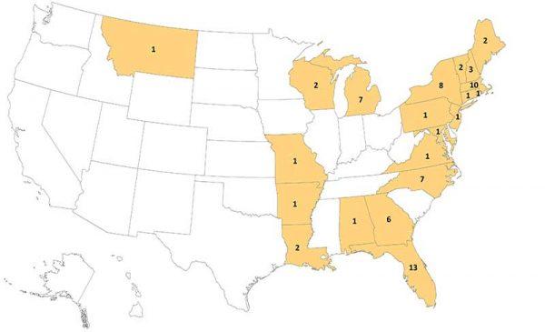 Eastern equine encephalitis virus cases reported by state in the United States from 2009 through 2018. (CDC)