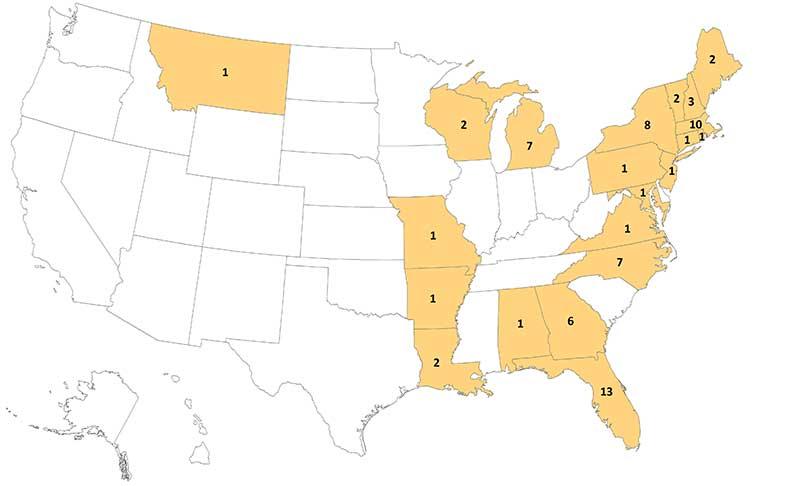 The Eastern Equine Encephalitis virus cases reported by state in the United States from 2009 through 2018. (Centers for Disease Control and Prevention)