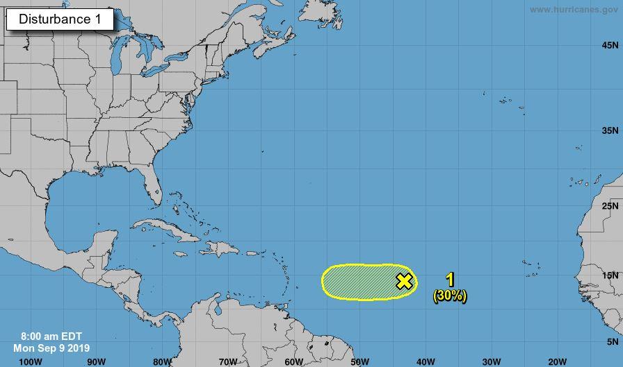 An area of disturbance situated between the Cabo Verde Islands, off the coast of Africa, and the Windward Islands in the West Indies and moving west. (National Hurricane Center)