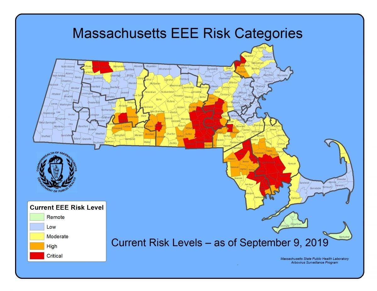 The risk categories across the state of Massachusetts for Eastern Equine Encephalitis (EEE), a deadly virus that seven humans and nine animals in the state have contracted so far in 2019. (Executive Office of Health and Human Services)