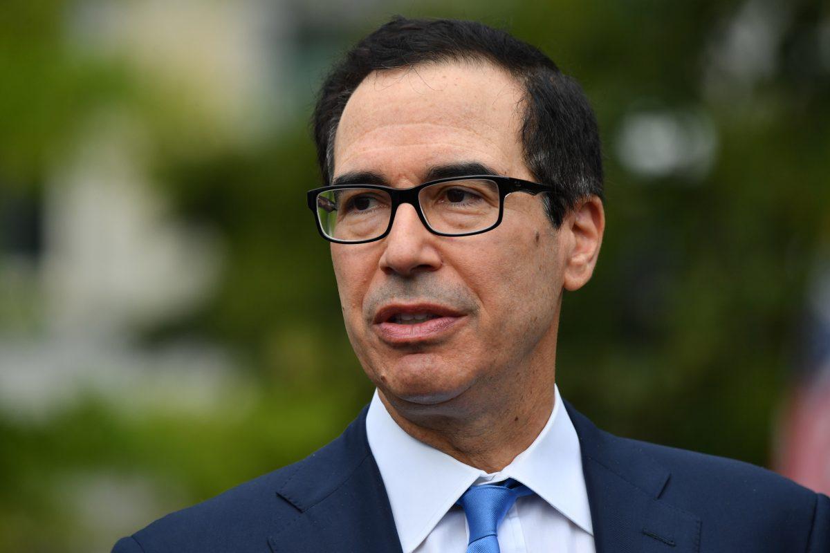 Treasury Secretary Steven Mnuchin answers journalists' questions outside the White House on Sept. 9, 2019. (Nicholas Kamm/AFP/Getty Images)