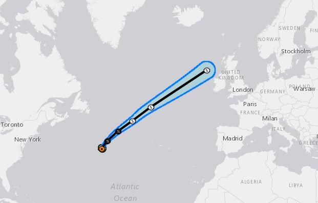 The projected path of Tropical Storm Gabrielle. The storm is projected to affect the United Kingdom. (National Hurricane Center)