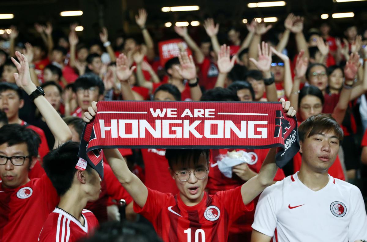 Soccer fans demonstrate inside Hong Kong Stadium in support of anti-government protesters in Hong Kong on Sept. 10, 2019. (Athit Perawongmetha/Reuters)