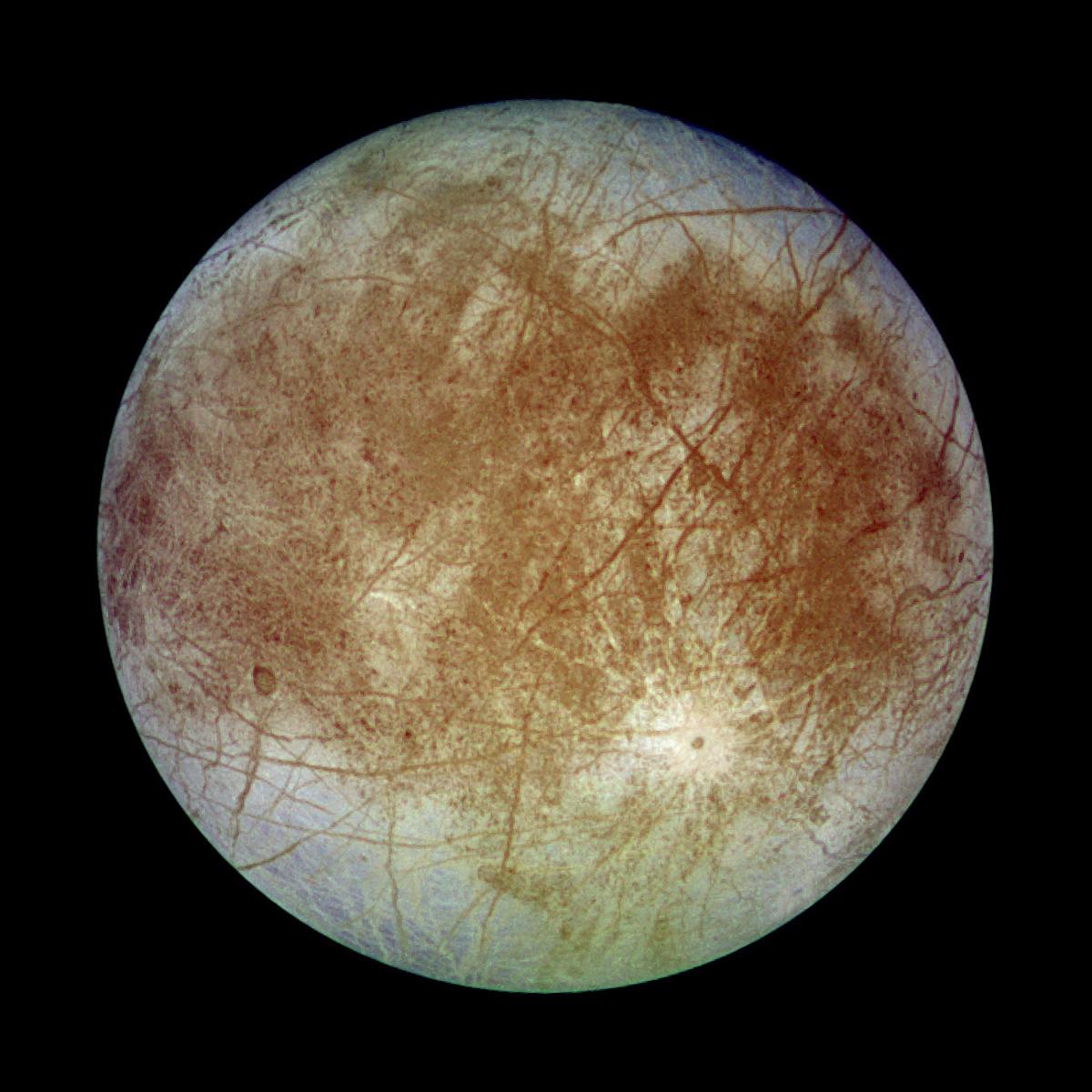 This image shows a view of the trailing hemisphere of Jupiter's ice-covered satellite, Europa, in approximate natural color, on Sept. 7, 1996. (NASA/JPL/DLR/Public Domain)