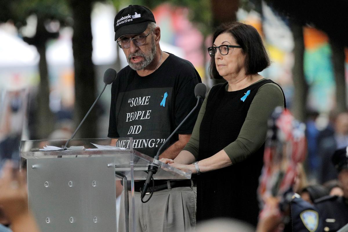 Nick Haros from Ocean County, New Jersey, who lost his mother Francis Haros in World Trade Center, reading 911 victims' names makes comments referencing U.S. Rep. Ilhan Omar (D-Minn.) during ceremonies commemorating the 18th anniversary of the September 11, 2001 attacks at the 911 Memorial in lower Manhattan in New York on Sept. 11, 2019. (REUTERS/Brendan Mcdermid)