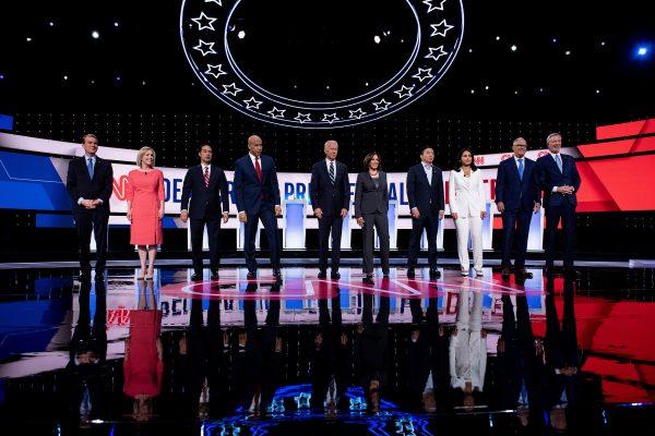 Democratic presidential hopefuls arrive on stage ahead of the second round of the second Democratic primary debate of the 2020 presidential campaign season hosted by CNN at the Fox Theatre in Detroit, Michigan on July 31, 2019. (BRENDAN SMIALOWSKI/AFP/Getty Images)