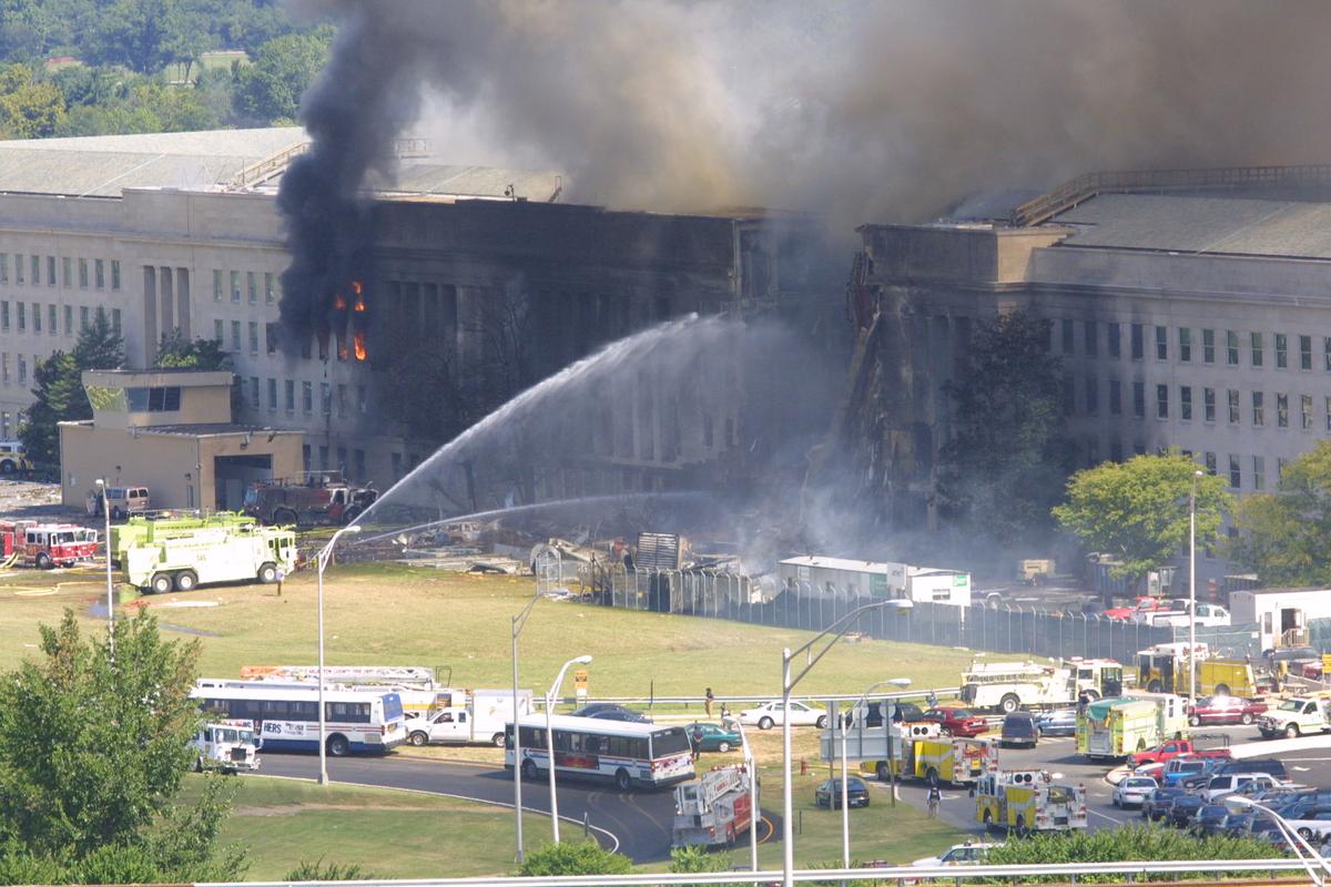 Smoke comes out from the west wing of the Pentagon building in Arlington, Virginia, on Sept. 11, 2001, after a plane crashed into the building and set off a huge explosion. (Alex Wong/Getty Images)