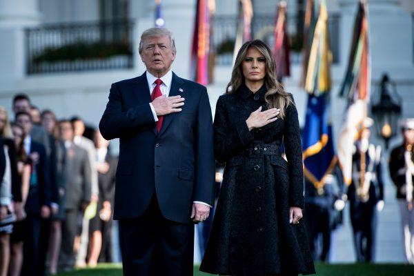 President Donald Trump and First Lady Melania Trump observe a moment of silence on Sept. 11 at the White House in Washington, during an event to commemorate victims of the terrorist attacks on Sept. 11, 2001. (Brendan Smialowski/AFP/Getty Images)