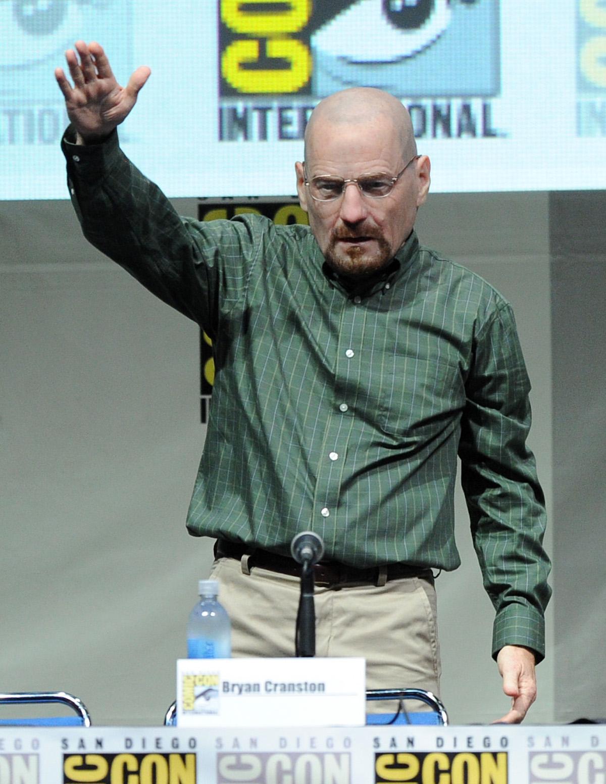 Actor Bryan Cranston wears a Walter White mask onstage at the "Breaking Bad" panel during Comic-Con International 2013 at San Diego Convention Center in San Diego, California on July 21, 2013. (Kevin Winter/Getty Images)