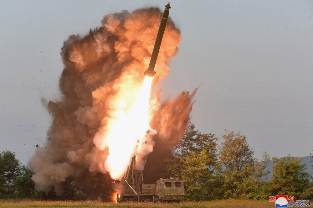 This Sept. 10, 2019, photo provided by the North Korean government shows a test-firing from a multiple rocket launcher at an undisclosed location in North Korea. (Korean Central News Agency/Korea News Service via AP)