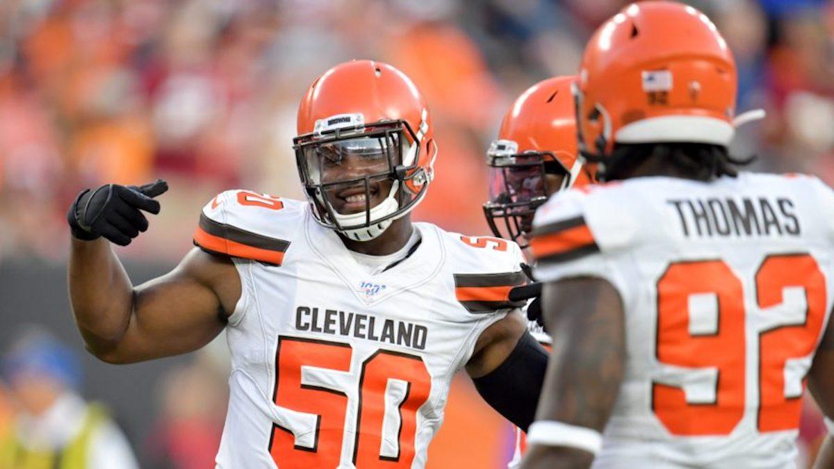 Defensive end Chris Smith #50 of the Cleveland Browns celebrates during the first half of a preseason game against the Washington Redskins at FirstEnergy Stadium in Cleveland, Ohio, on Aug. 8, 2019. (Jason Miller/Getty Images)