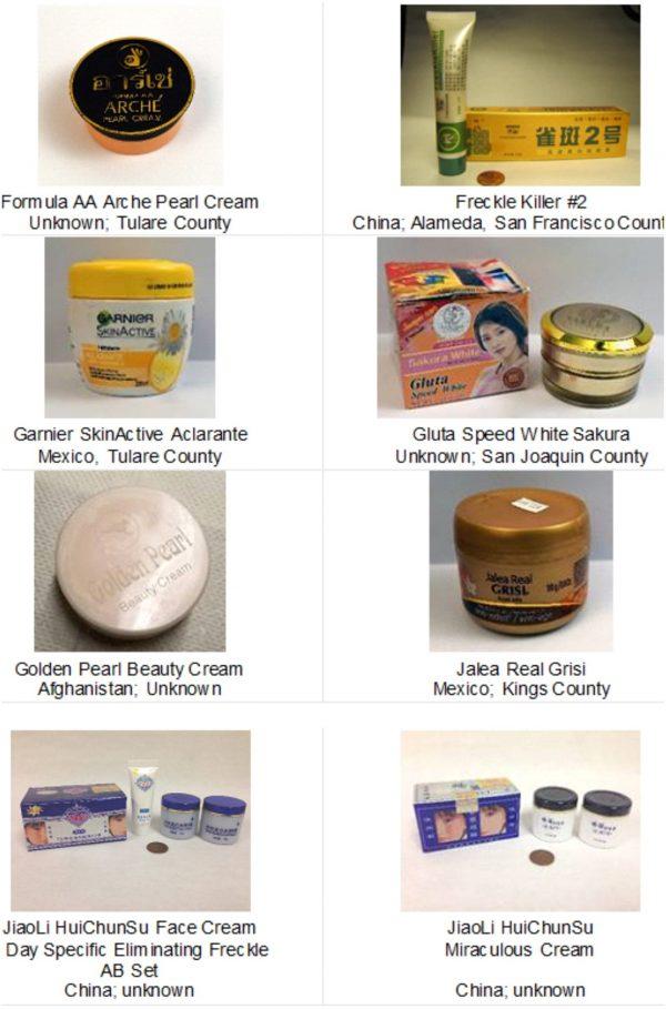 Some of the jars of cream, which officials in California say contained mercurous chloride or calomel. The captions list the product name, country of origin and where the cream was found. The poisonous substances were added after purchase to known-brand products. (Sacramento Department of Health Services)