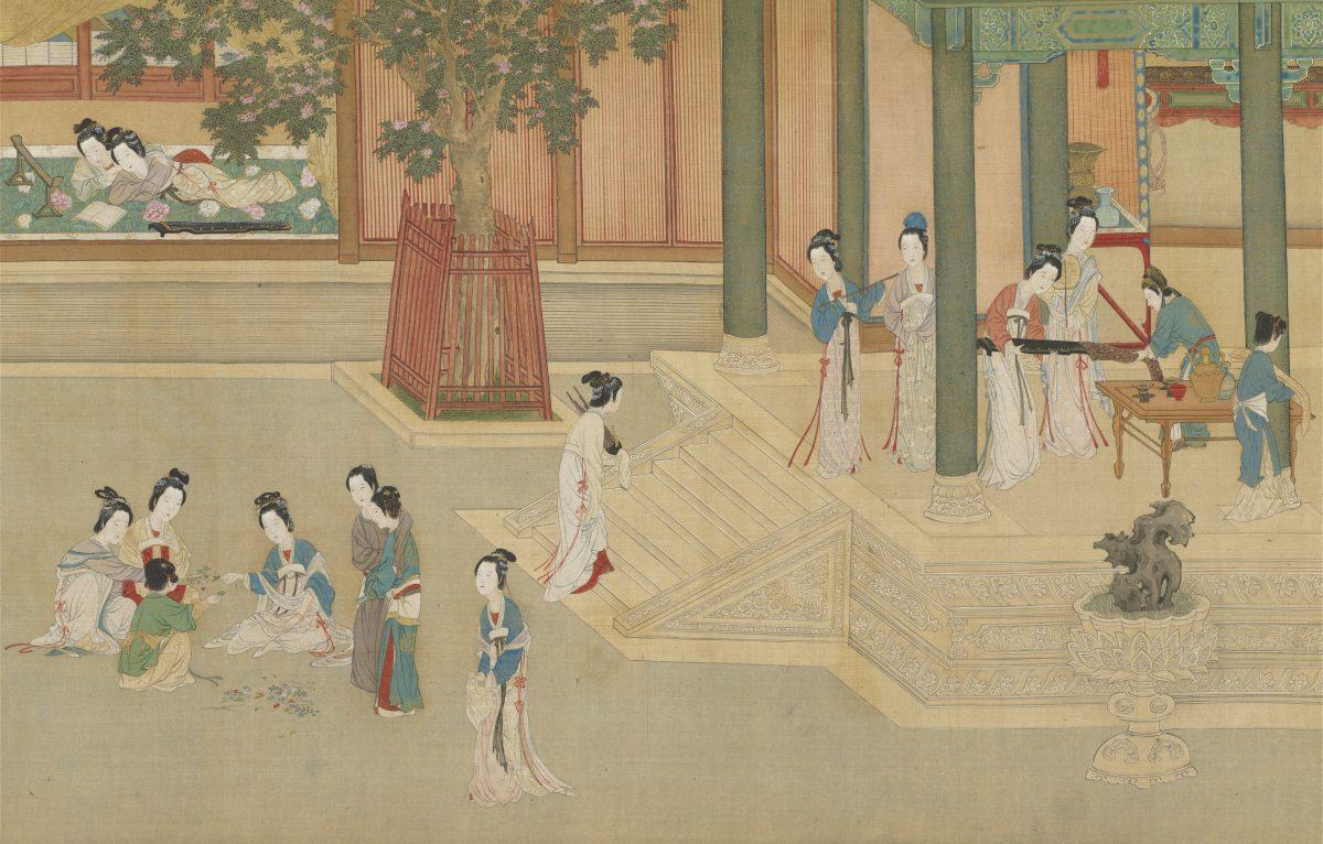 Ladies enjoy flower arranging and reading fiction in “Spring Morning in the Han Palace” by Qiu Ying. National Palace Museum in Taipei, Taiwan. (Public Domain)