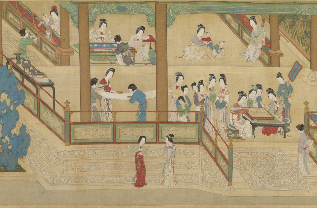 Court ladies prepare silk and others play a board game in “Spring Morning in the Han Palace” by Qiu Ying. National Palace Museum in Taipei, Taiwan. (Public Domain)