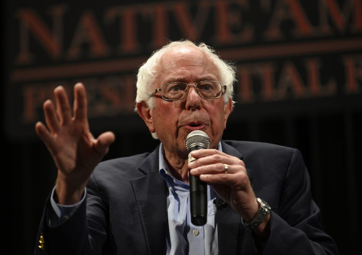 Democratic presidential candidate Sen. Bernie Sanders (I-Vt.) speaks at the Frank LaMere Native American Presidential Forum in Sioux City, Iowa, on Aug. 20, 2019. (Stephen Maturen/Getty Images)