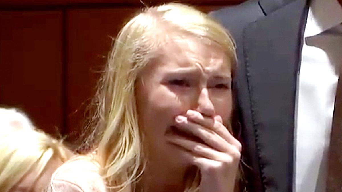 Brooke Skylar Richardson cries while receiving not guilty verdicts on aggravated murder, involuntary manslaughter and child endangerment charges at Warren County Common Pleas Court in Lebanon, Ohio on Sept. 12, 2019. (Screenshot/AP video)
