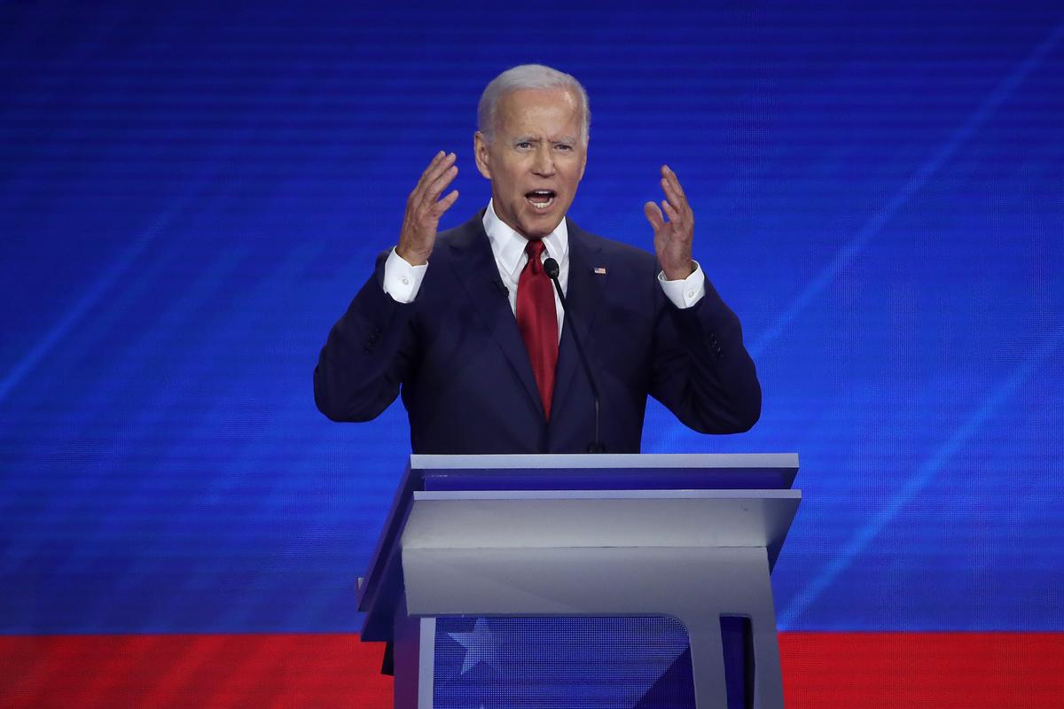Democratic presidential candidate former Vice President Joe Biden speaks at the Democratic presidential debate in Houston, Texas on Sept. 12, 2019. (Photo by Win McNamee/Getty Images)