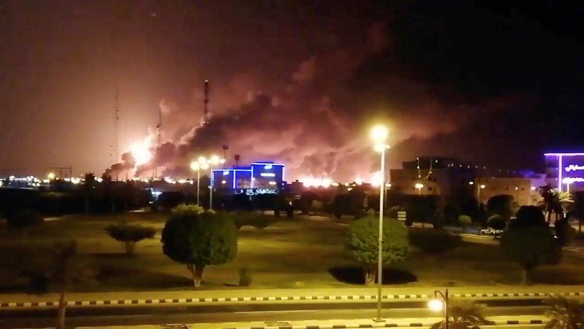 Smoke is seen following a fire at an Aramco factory in Abqaiq, Saudi Arabia, Sept. 14, 2019 in this picture obtained from social media. (via Reuters)