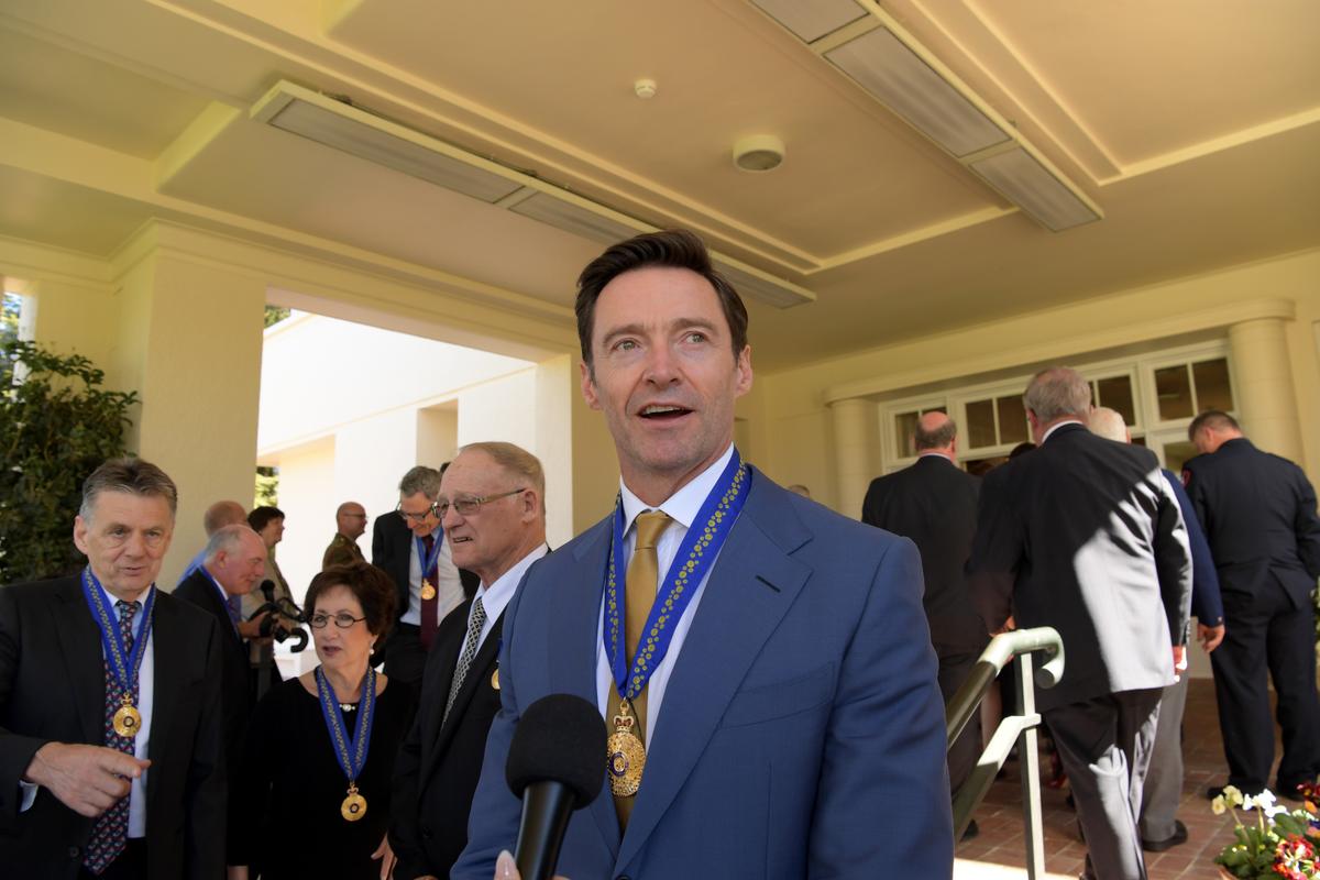 Australian actor Hugh Jackman poses for photographs after being awarded an Order of Australia by The Governor-General of Australia David Hurley at Government House on Sept. 13, 2019 in Melbourne, Australia. (Tracey Nearmy/Getty Images)
