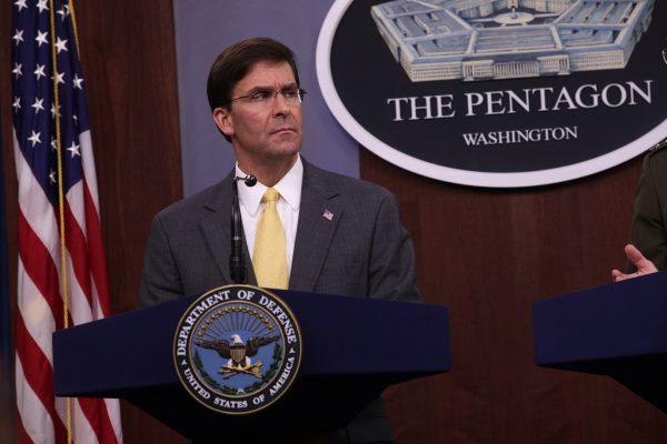 Secretary of Defense Mark Esper holds a media briefing at the Pentagon in Arlington, Va., on Aug. 28, 2019. (Alex Wong/Getty Images)