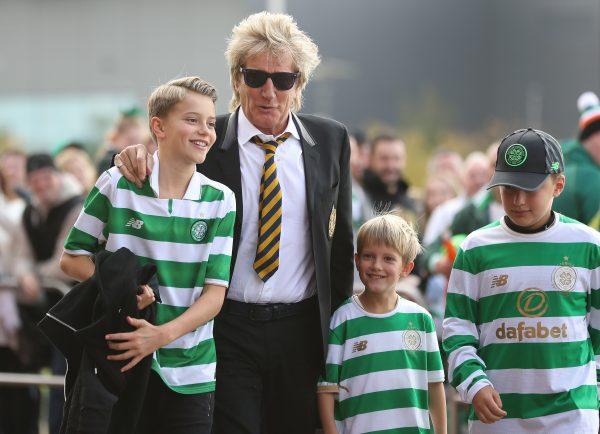 Rod Stewart and his children Alastair and Aiden arrive prior to the Ladbrokes Scottish Premiership match between Celtic and Hibernian at Celtic Park Stadium in Glasgow, Scotland on Sept. 30, 2017. (Ian MacNicol/Getty Images)